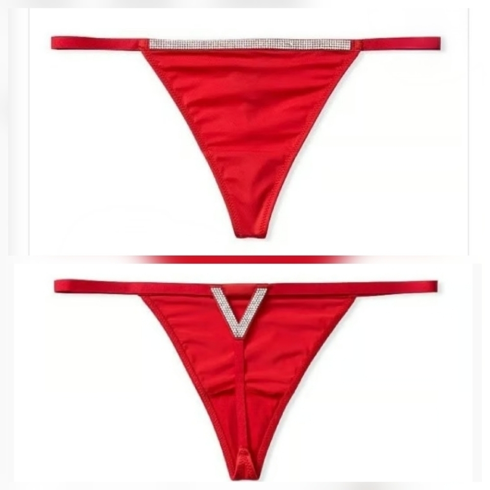 VICTORIA'S SECRET Red SATIN RHINESTONES G V-STRING THONG UNDERWEAR SEXY PANTIES